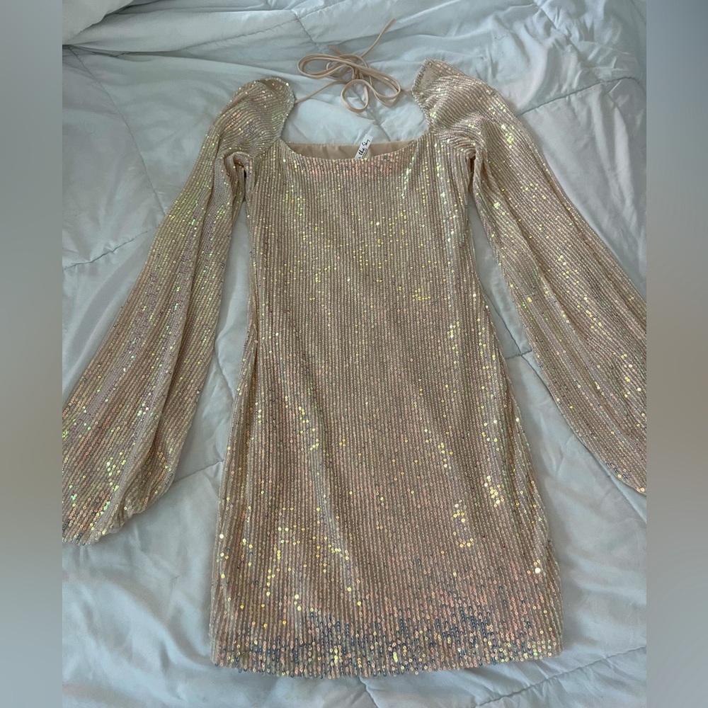 Lucy in the Sky gold/champagne iridescent sparkly long sleeve mini dress